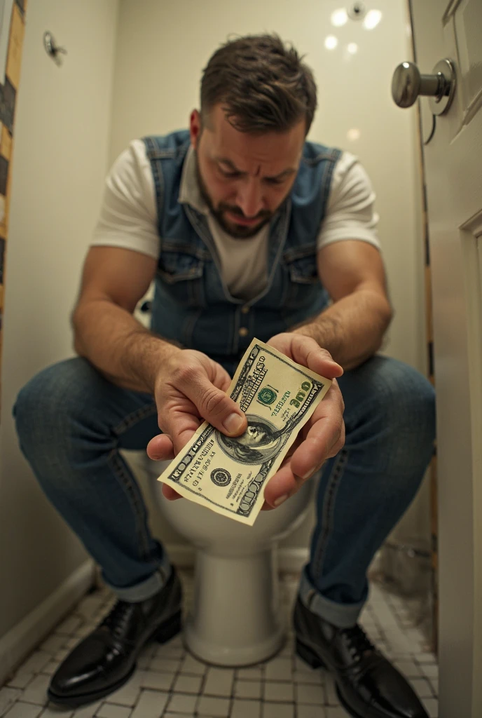 (Old public toilet)blonde white woman.Wear skinny jeans that fit your body and a short-sleeved T-shirt that fits your body well...squat on the toilet.very big breasts.very big breasts.jib.((8k)).A woman sits on a toilet and pulls down her pants..
A woman is holding money with her hands clasped together..With a surprised expression. A woman closes the bathroom door with her left hand.