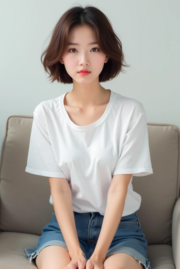 Woman in white t-shirt、Sitting in a chair、Forward-looking Japanese、cute、High resolution