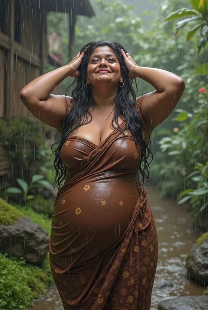 busty indian mom wearing bikini big bottom hot sexy , big belly, 50 years old mother, wet, nature, cow, on the road, wet, raining