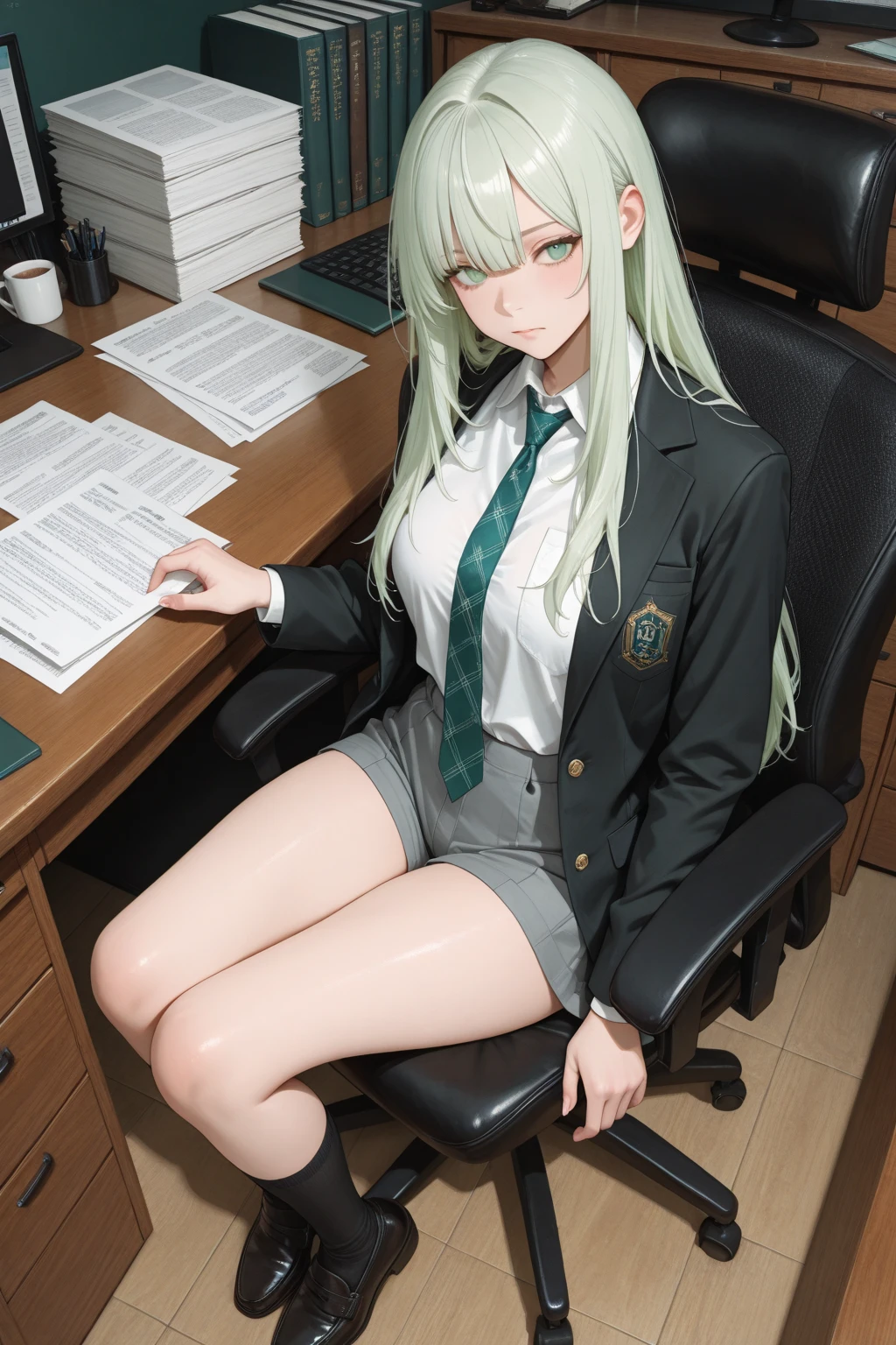 1girl, magical girl, panties,skirtlift,((upskirt)),((pantyshot)),(yellow panty),((Small panties)),(((See-through panties))),(((black pantyhose))),white race panty, ,Are crying,Anguished expression、Embarrassed look,8k,Realistic、Anime illustration,CG、masterpiece, best quality, 1 girl, solo, large breasts, long hair, dark green hair, gray eyes, office staff suit, jacket, pencil skirt, panties under black pantyhose, (show off panties:1.1), embarrassed, spread legs, sitting, office