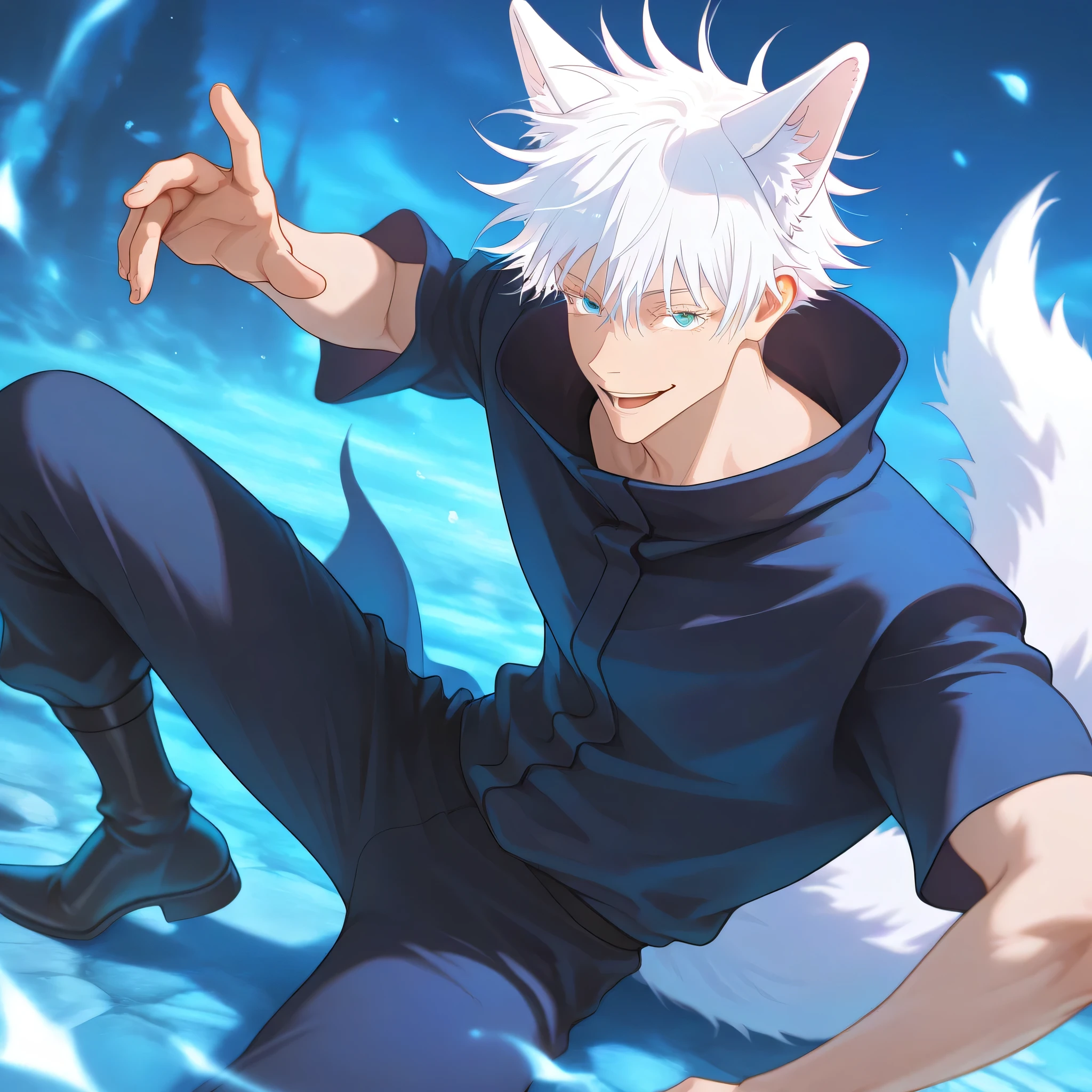 1man, adult, male focus, gojou satoru, jujutsu kaisen, white hair, short hair, ((hair between eyes)), colored eyelashes, white eyelashes, blue eyes, intricate eye iris, detailed eyes, muscular male, sexy man, handsome man, handsome face, handsome fox guy, fox ears, fox tail, beautiful athletic body, fantasy clothes consisting of black and blue elements, black wide pants and boots. fantasy style medieval, vampirism, sly smile