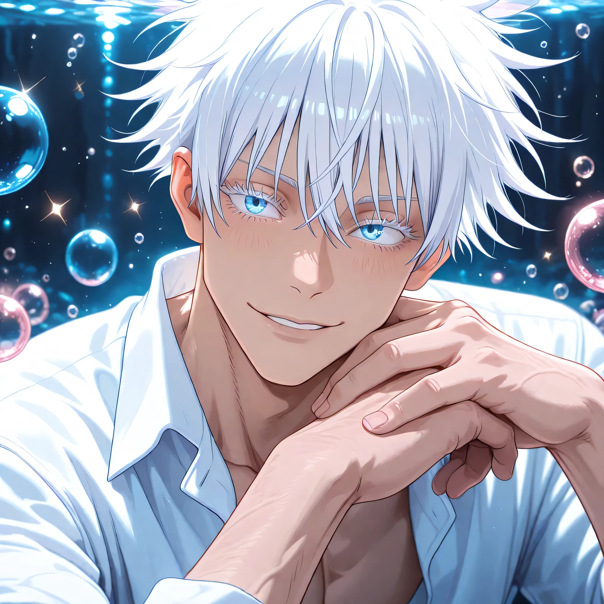 masterpiece, best quality, horizontal, upper body, 1man, adult, male focus, gojou satoru, jujutsu kaisen, white hair, short hair, ((hair between eyes)), colored eyelashes, white eyelashes, blue eyes, intricate eye iris, detailed eyes, muscular male, sexy man, handsome man, handsome face, hite shirt, bubble,sparkles and gold and pink and blue decorations, Perfect Hands,highly detailed
