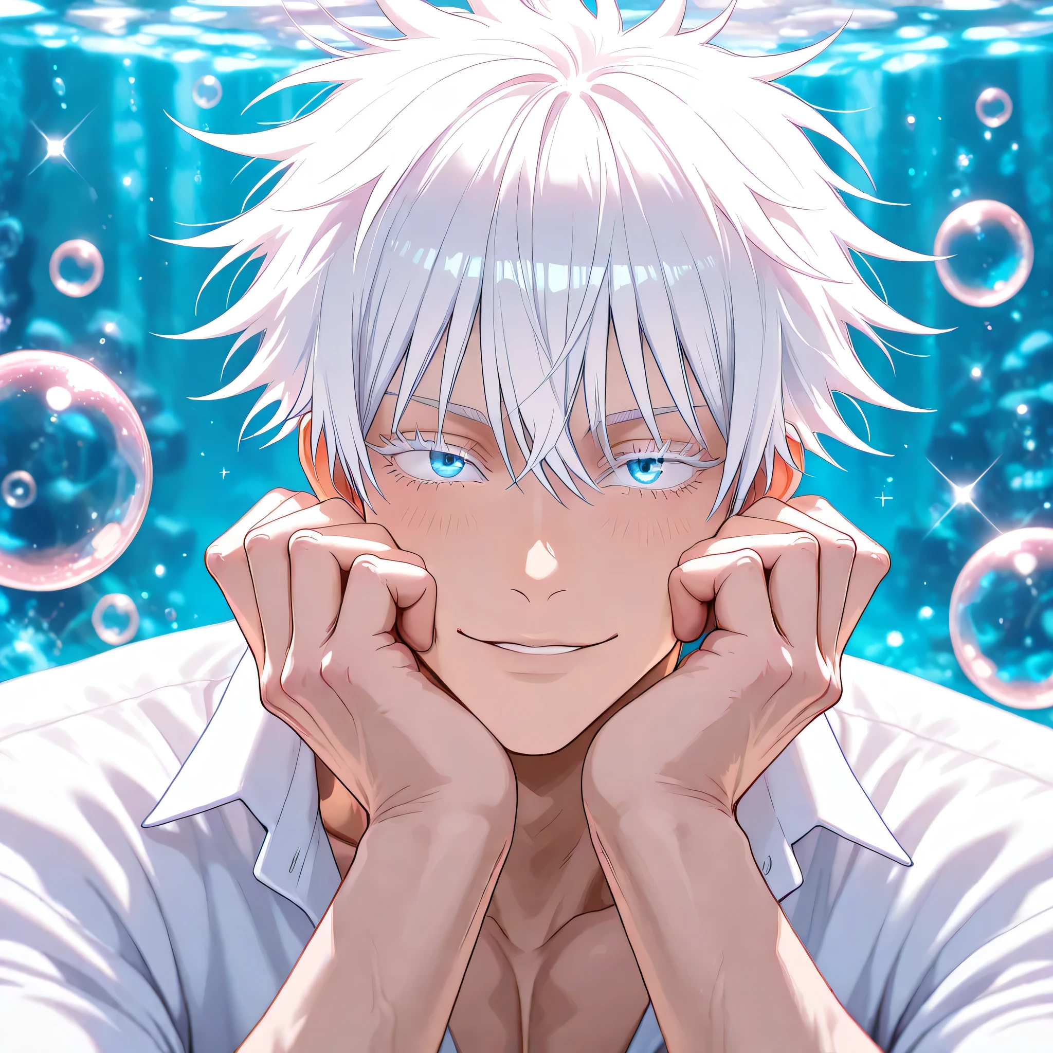 masterpiece, best quality, horizontal, upper body, 1man, adult, male focus, gojou satoru, jujutsu kaisen, white hair, short hair, ((hair between eyes)), colored eyelashes, white eyelashes, blue eyes, intricate eye iris, detailed eyes, muscular male, sexy man, handsome man, handsome face, hite shirt, bubble,sparkles and gold and pink and blue decorations, Perfect Hands,highly detailed