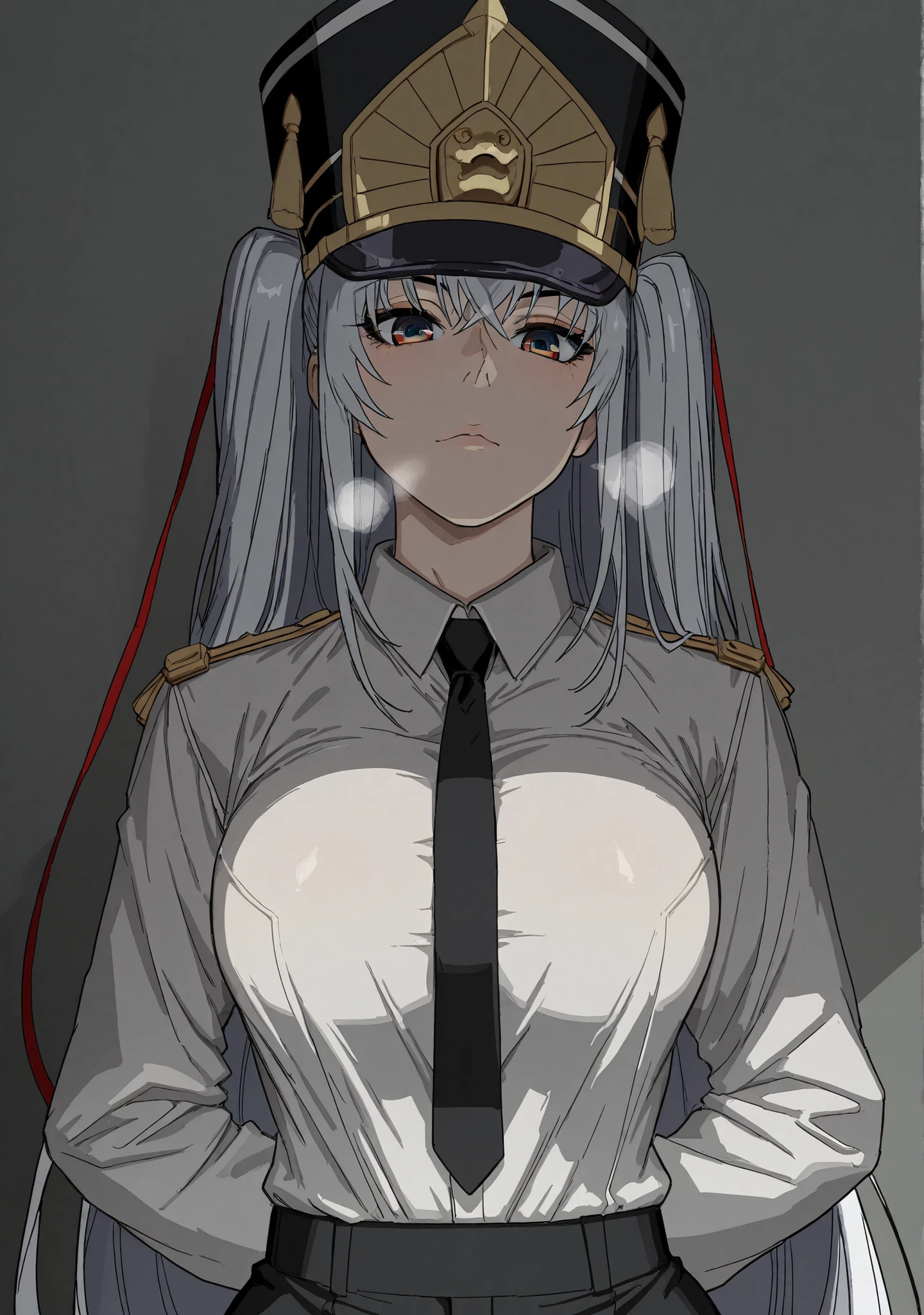 Manhwa, (puripuri_jet-style:1.4), (kunaboto-style:1.4), (alecto_0-style:1.1), (mark_gavatino-style:1.1), (jeneral-style:1.1), ((Cinematic, unreal engine, eye-catching, ambient occlusion, UHD, masterpiece)), ((soft shadow)), comic, score_9, score_8_up, score_7_up, score_6_up, score_5_up, score_4_up, uncensored, detailed background, vignetting, high quality, absurdres, best quality, very aesthetic, newest, digital art, trending on ArtStation, ((anatomical correct)), perfect body, perfect eyes, perfect fingers, gasping, heavy breathing, gasping profusely, ((skindentation)), ((curvy)), white hair, absurdly long hair, shako cap, sidelocks, two side up, hair ribbon, multicolored eyes, square pupils, plump, 1girl, necktie, solo, shirt, black_necktie, arms_behind_back, looking_at_viewer, pants, collared_shirt, white_shirt, black_pants, breasts, long_sleeves, formal, shirt_tucked_in, closed_mouth, shadow, suit, business_suit, office_lady