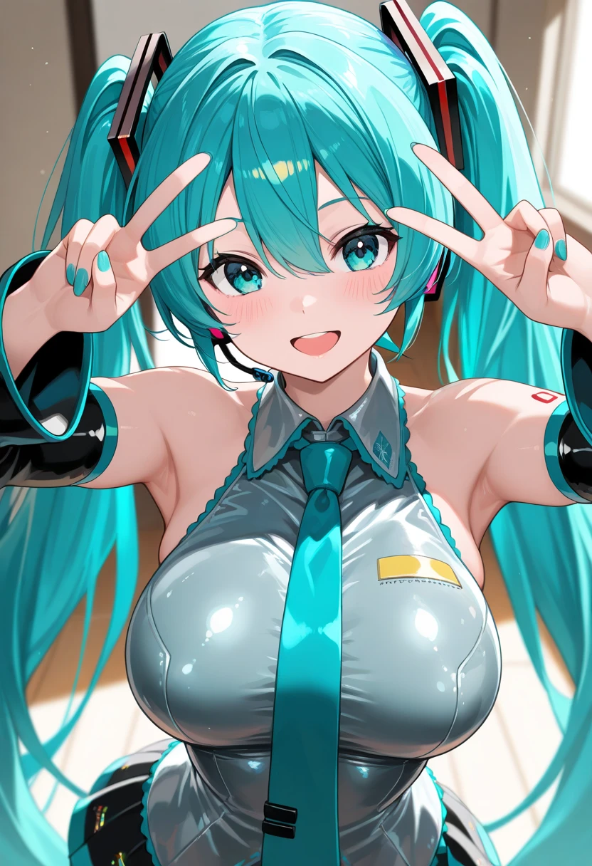 Hatsune Miku Vocaloid, Twin tails, Bright Blue Eyes, Light blue hair, Bodysuits, cyber punk, Ultimate Physical Beauty, Beautiful Eyes, Embarrassed look , Big Chest, 8K CG, Highest quality, Best image quality,