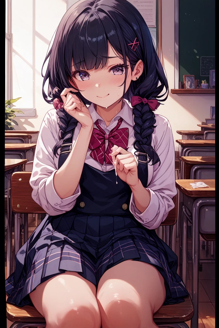 score_9, best quality, masterpiece, uncensored, source_anime
BREAK
1girl, :o, black hair, blush, female focus, flower, hair flower, hair ornament, long hair, looking at viewer, mole, mole under eye, one eye closed, cat tail, cat ears, cat girl, sleeves past wrists, solo, two side up, classroom, white pantyhose, pleated skirt, sitting on desk, fang out, paw pose
<lora:fkey_pony_v1:1>