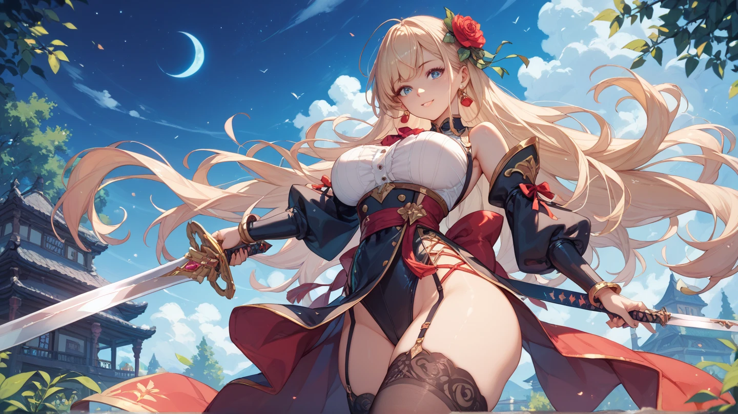 top-quality、Top image quality、masterpiece、An elf girl((18year old、Best Bust、big bast,Beautiful blue eyes、Breasts wide open, Blonde twintails、A slender,Large valleys、red scarf、Clothes in black robes、Fall on your back、Lateral view))hiquality、Beautiful Art、Background with((Inside a triangular tent、nigh sky)))、,masutepiece、visualart、depth of fields、