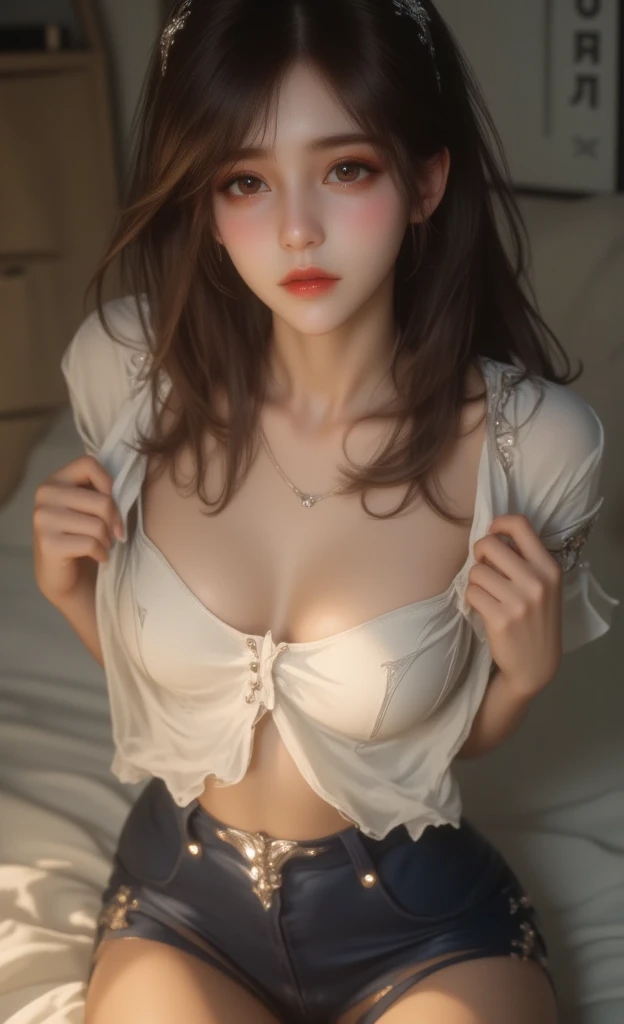 ((Highest quality)), ((masterpiece)), (detailed),((in the office/workplace)),((One girl)), ((nude)),15 years old,((flat chest:1.4)), (stare at viewer with stern eyes:1.5),(bitting own lip:1.1),(angry:0.9),nose blush,(shamefull:1.2), surprised, Beautiful Korean Women, Beautiful young Korean woman, Young and adorable Korean face, Gorgeous Young Korean Woman, Korean Girls, Girl cute beautiful face, Portraits of Korean female idols, Young and pretty Asian face, Cute natural anime face,Asian pretty face,((business suit)),((glistening eyes)),((glistening eyes )),((large eyes)),(( pretty eyes)) ,(detailed),Perfect Face,((One girl)), ((clear eyes)),((show nipples)),((beautiful skin)), don't wear anything,(earrings),((intricate choker necklace)),((nipple)),