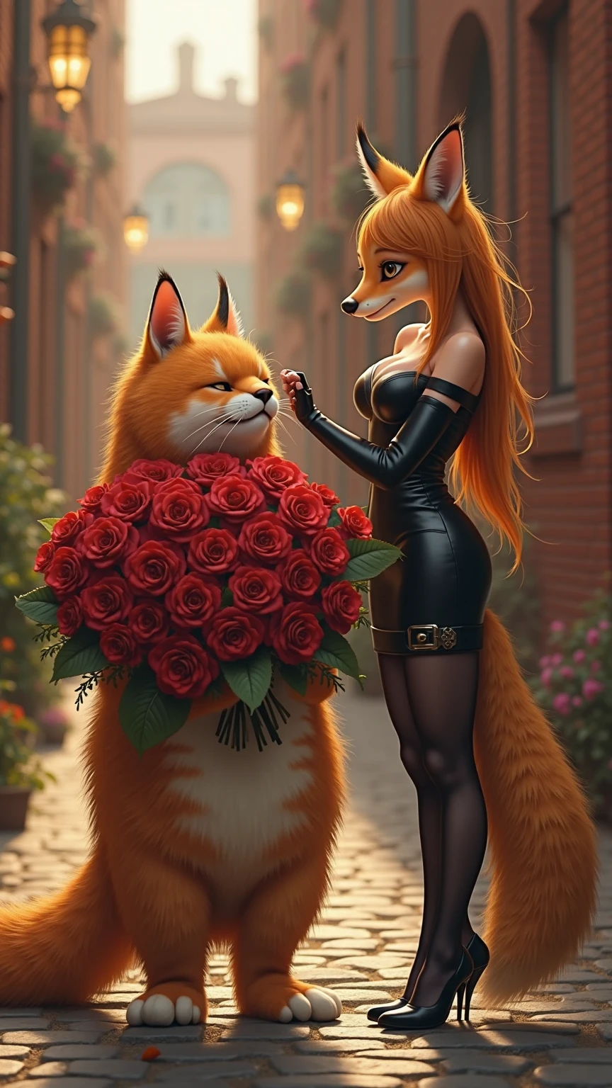 realistic, ubbp, fur, high quality, ultra romantic setting, many flowers, Fox McCloud in leather [male], solo, cropped black leather jacket, jacket closed, [stomach focus], gorgeous stomach, realistic blue eyes, fit and lean body, high resolution, tight leather pants, side view, sunny, afternoon, clear sky, flourishing garden, seductive look, cute butt, holding rose, blushed cheeks, combed hair, fox tail