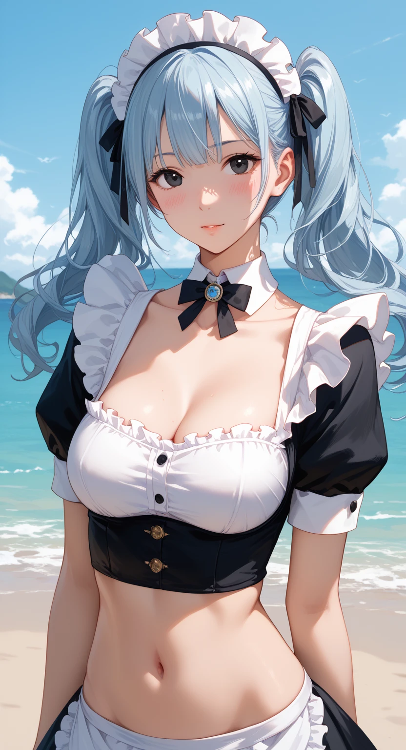 1girl:1.3, (pastel color line art:1.3), expressive eyes, perfect face, 1 girl, rem from re zero, water-blue hair, water-blue pupils, ((right eye is covered with bangs:1.6)), maid outfit, black stockings, cute, (medium boob size), golden hour, warm glow, cinematic lighting, beautiful scenery, bokeh, blurry background, retro art pose, pop art pose, absurdres, highres, ultra detailed