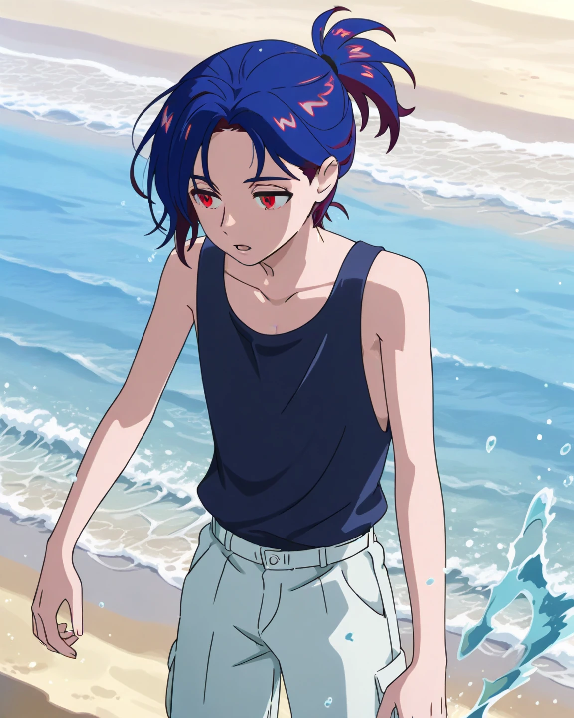 A cute teenager by the sea, Pulando alto，raios de sol, um cabelo roxo, cabelo roxo e curto，messy hairstyle，Wear swimming briefs，The upper body is exposed，cabelo roxo, orelhas de coelho, Bom menino sem camisa na praia, Ghibli Studio Style, sozinho na praia