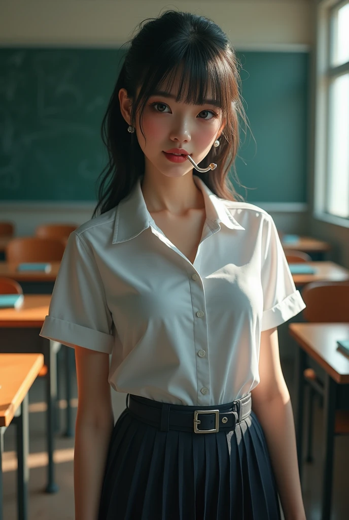 (1 girl), (sexy look:1.5), (flat chest:1.3), (very detailed目, very detailed顔), (超realistic, High resolution), (highest quality:1.4), (hyper quality), real skin texture, RAW photo, (realistic, Photoreal:1.37), very detailed, professional photography, (school uniform, pleated skirt:1.3), (look at me), (School, classroom), ((Face to face with me:1.4)), (from below:1.3), (An expression of ecstasy:1.3), realistic private parts, lace panties, Japanese high school girl、超highest quality、masterpiece、超High resolution、written boundary depth、(Photoreal:1.4)、(award winning photos、信じられないほどのmasterpiece:1.3) 、RAW photography、golden ratio、Highly detailed CG Unity 8k wallpaper、detailed and complex、original、High resolution、RAW photo、(perfect body shape)、detailed and complex、Digital single-lens reflex camera、soft writing、(background person blur:1.1)、Sigma 85mmF/1.4、50mm Lenac lighting、nffsw、hyper real、color grade, Rear view,from below:1.3), (((Holding the hem of her skirt, she opens her legs and shows off her real pussy.:1.4))),
