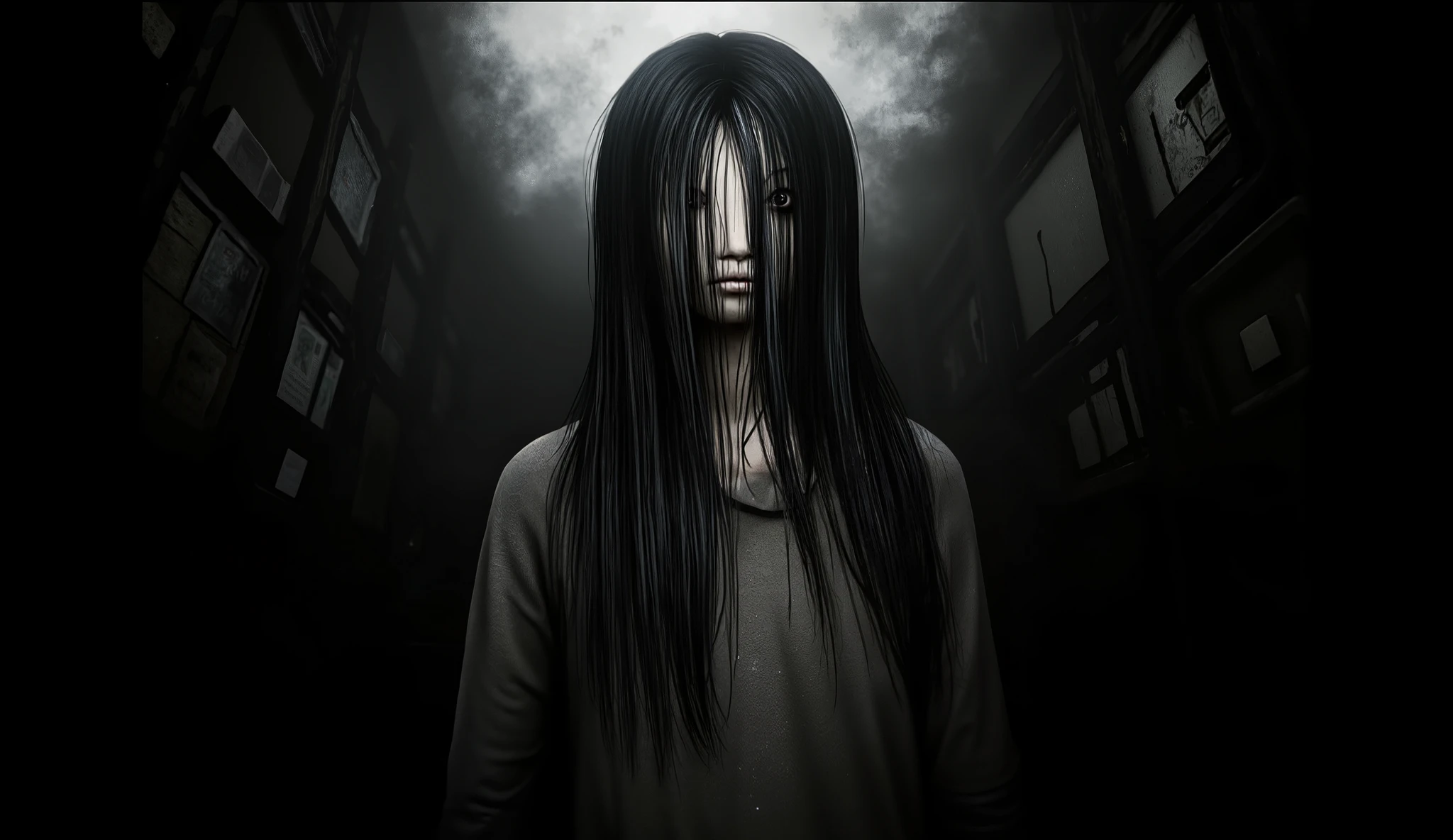 Sadako Yamamura, very long black hair covering her face, surreal terror, Japanese horror style, high intensity, high detail, masterpiece.