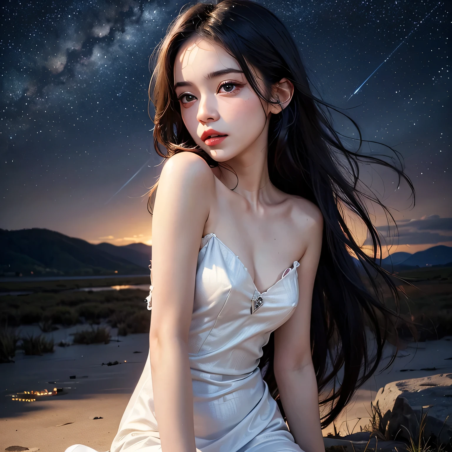 (highest quality, 32k, High resolution, Masterpiece:1.5, ), marimo_jet, Concept Art, Arousing pleasant enjoyment and curiosity, Expressing emotions, Have a rich imagination, Beautiful Japanese Women, An exceptionally beautiful face, Small Face Beauty, Perfect Human Anatomy, Magical big eyes, Motherhood and generosity, Deep Love, fleeting smile:1.1, Shiny black hair, Super Long Straight Silk Hair, Asymmetrical bangs, Hair between the eyes, Transparent, soft white skin, Sharp eyebrows, Thin lashes, ((Natural Makeup:1.1)), Cheek highlighter, Pale pink detailed lips, ((Grey tank top:1.3)), High resolution perfect collarbone, High resolution beautiful bust, Slim figure with ample breasts, High resolutionの美しい太もも, ((Beautiful sparkling starry sky background:1.2)), Professional Lighting, Professional photographer, Professional models, mysterious