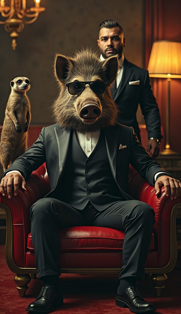 Wolf dressed in a suit with dark aviator glasses surrounded by beautiful naked women with big Latina breasts