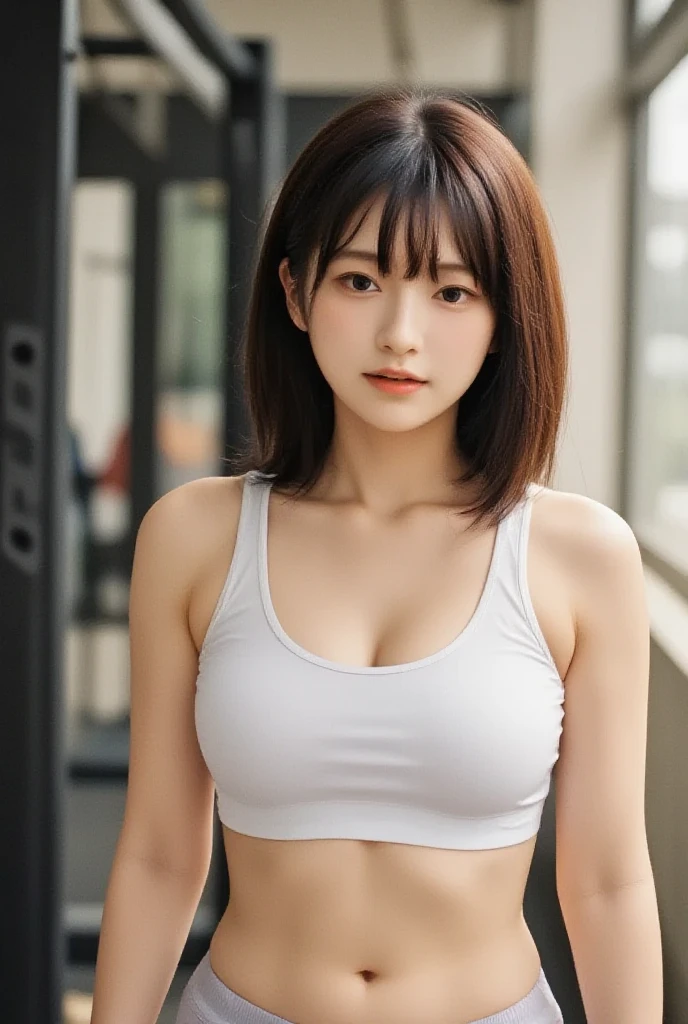 Busty woman wearing a tank top and leaning forward