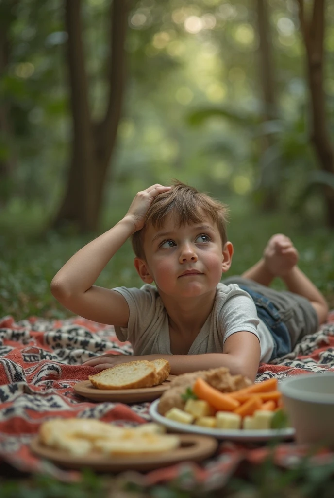 A child smiling positively with his mouth open holding a fork eating happily in nature with a plate on a tree stump and salad on the plate Sunny uncle on the grass Realistic photography style real scene 