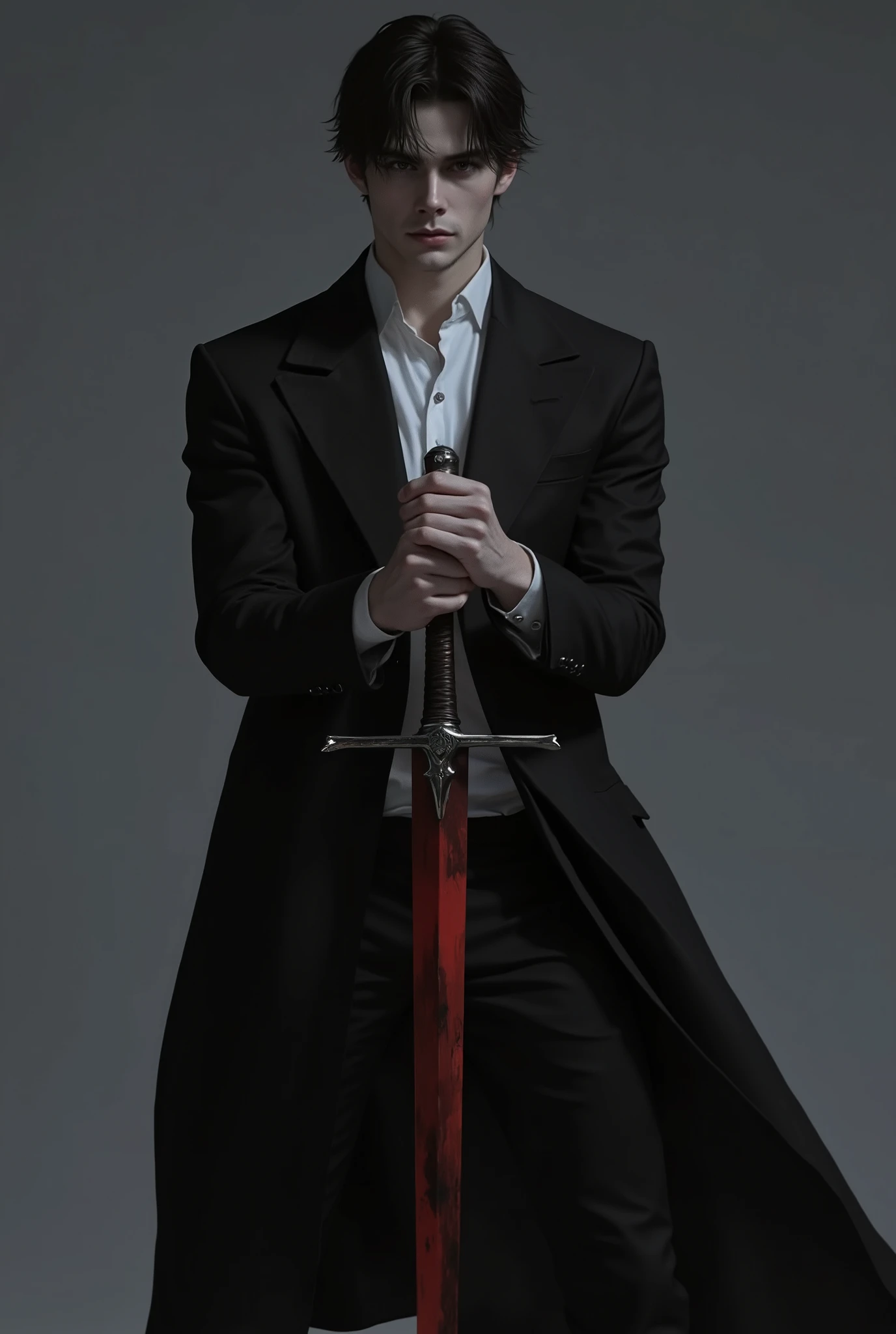 *(best quality)), ((masterpiece)), (detailed), {{masterpiece、highest quality、(((Realistic、Photorealistic:1.37))). A sensual, 20-year-old shirtless male warrior with a slim yet defined hunk physique, narrow waist, and round glutes in tight trousers. His pale skin glows against the shadows, , standing solemnly. He has medium-length black hair falling over his eyes, wearing a flowing long black coat over a crisp white dress shirt. He holds a large medieval broadsword with both hands. His expression is calm and melancholic. has medium-length, slightly tousled black hair that partially covers his eyes. He wears an oversized, baggy black trench coat that flows dramatically in the wind — the shoulders are broad and exaggerated, creating a sharp silhouette. Underneath, he wears a crisp, high-collared white dress shirt that is slightly loose-fitting, adding to the relaxed yet noble appearance. His long black trousers are also baggy, complementing the coat, and flow softly down to his boots. He stands with both hands resting on the hilt of a large medieval red colour broadsword planted into the ground. best quality, masterpiece, very aesthetic, perfect composition, intricate details, ultra-detailed. beutiful maroon eyes color