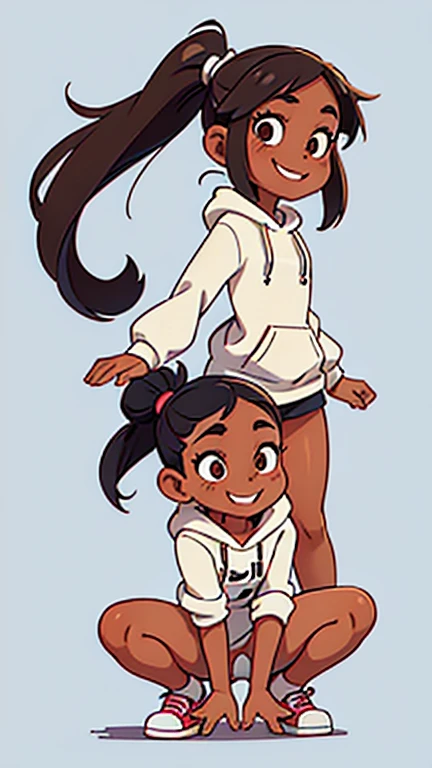 Ronnie Anne, hoodie, shorts, black eyes, ponytail, tanned skin, full body, curvy arms, defined legs, beautiful, pose, in the beach, long socks, curvilinear legs. one leg raised the other on the floor, yoga pose