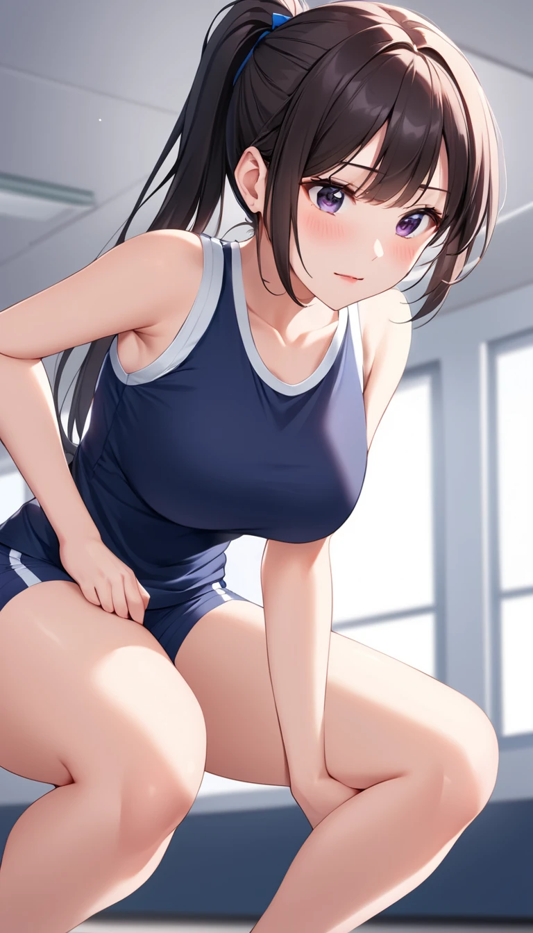 Young woman in tight clothes in a gym, the gym paid off and his chest and legs grew