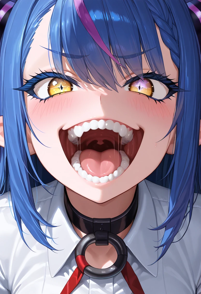 1 girl in,Hermosa nariz,Beautiful character design, ojos perfectos, Cara perfecta,ojos expresivos, Mirando al espectador,(primer plano),(Focus on her face), Arte Oficial, face, open mouth, uvula, mouth, tongue, tongue out, vore, eula, eyes yellow, blue hair, short hair, White skin