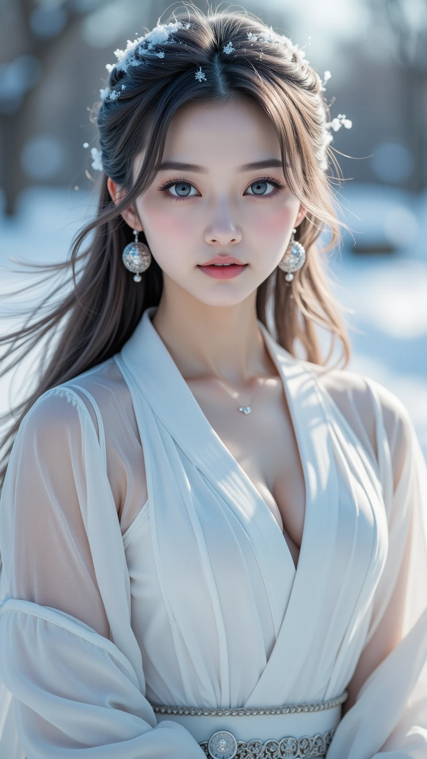 1girll,(Snow,Ice), snowflower, In winter, White hair, Shiny hair, Wavy hair, Transparent clothes, frilld, Lace, Wet clothes, Off_Shoulder, hair scrunchie,Masterpiece, Telephoto lens, absurderes, Exquisite facial features,Artistically the most beautiful nipples,Flat Chest,