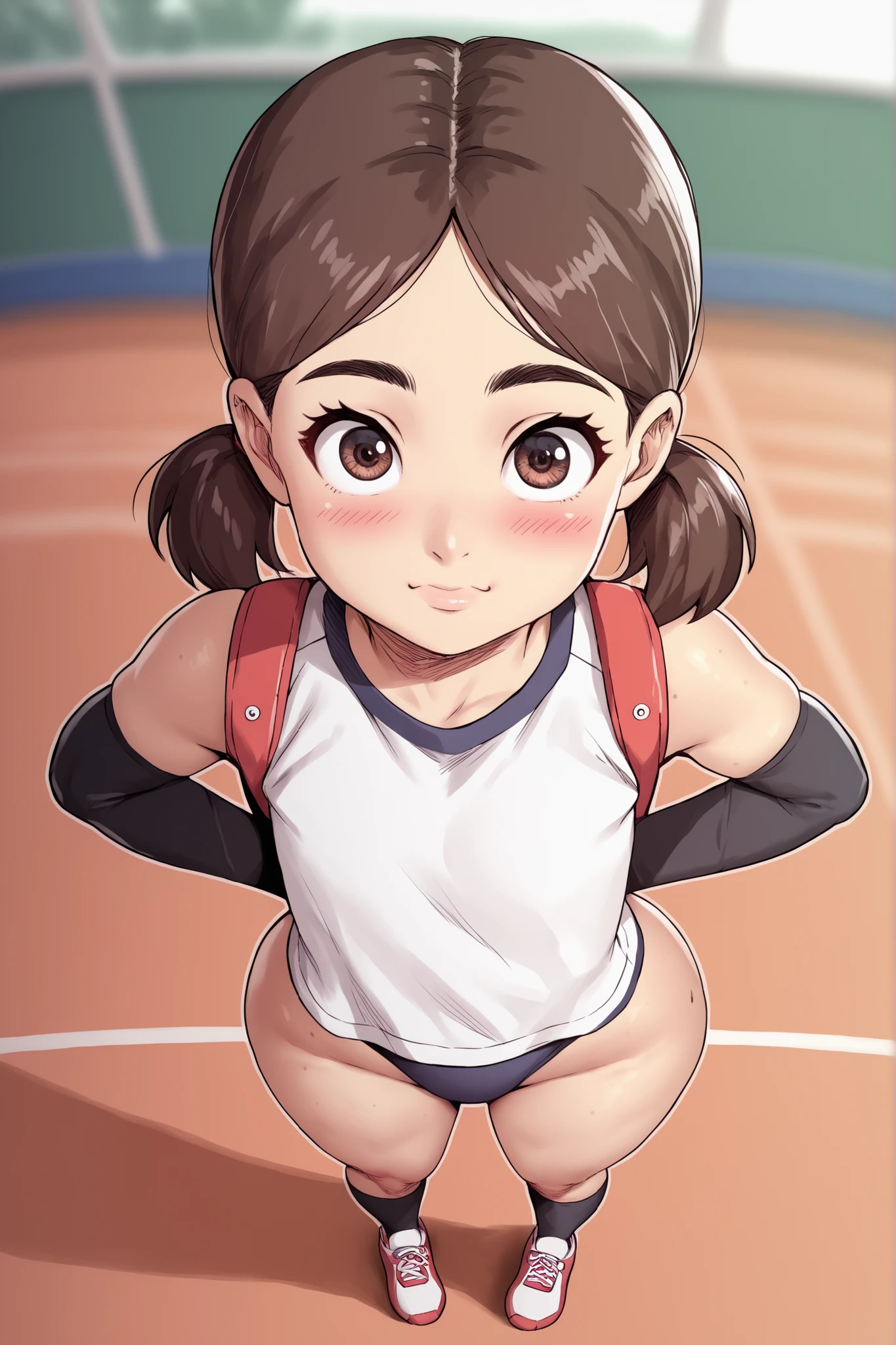a girl, from above, osame thing, Alone, pigtails, Sports panties, sports wear elbow Gloves, red Japanese school backpack, beautiful eyes, beautiful body, beautiful face, 140 cm tall, (ojos azules), source_anime, ((Masterpiece)), charming beauty, cutest girl, short, blush, pretty girl, , underage, underaged, developing body, cute, immature, Juvenile, younger girl, she is very small, small girl, perfect attractive curvy body, voluptuous hips, very wide hips, thick and wide thighs), (sleeveless t-shirt, thigh-high socks), school gym, stretching, (blurred background),