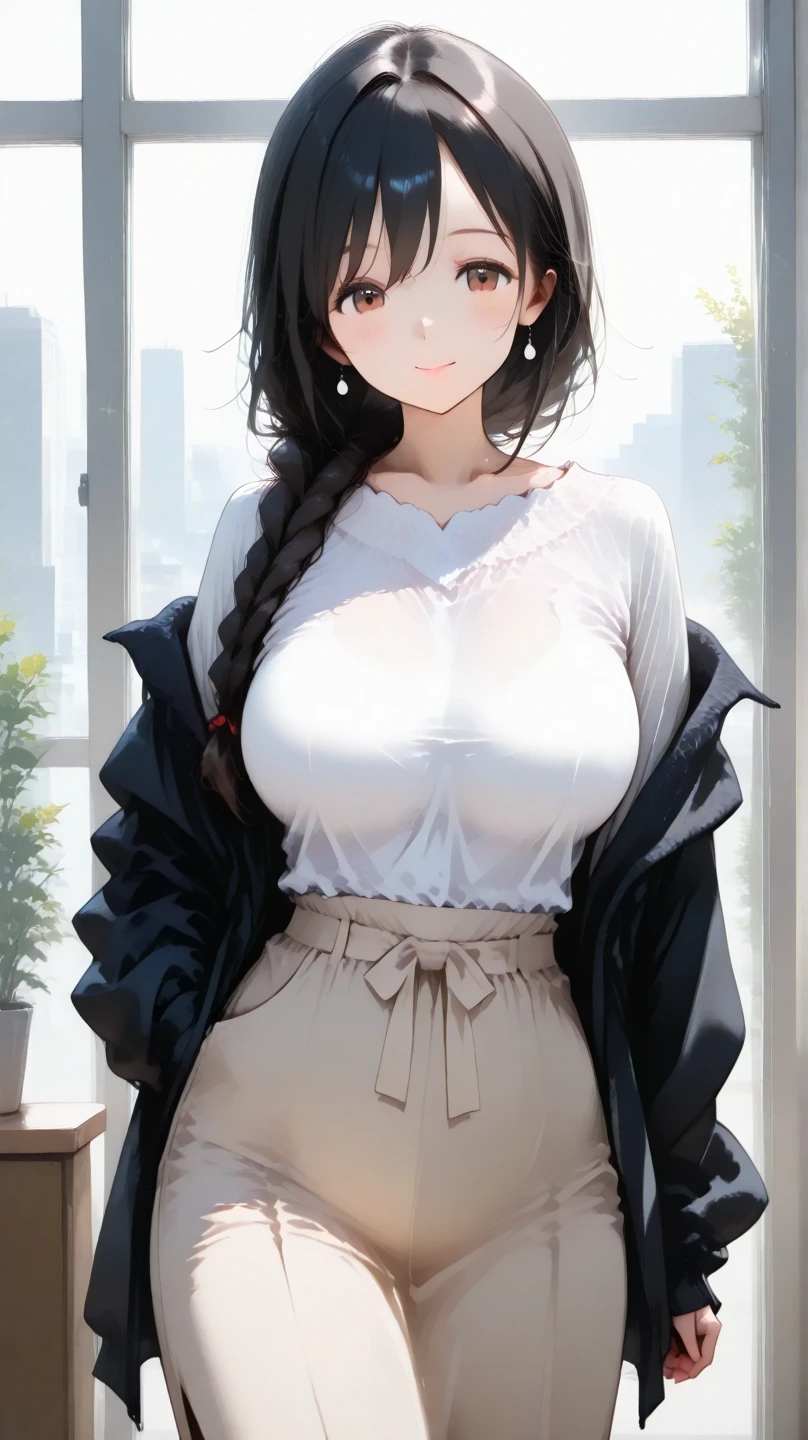 fashionable, long black hair, soft expression, cleavage, big breasts, dress, street clothes, cowboy shot
