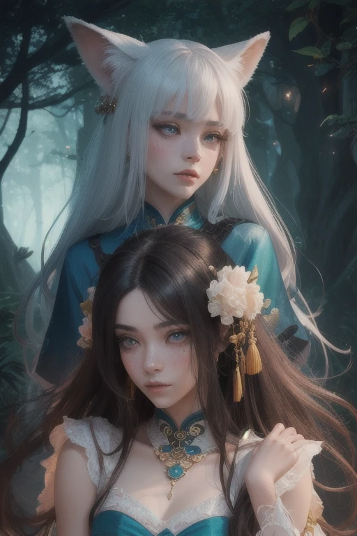masterpiece, best quality, official art, 8k wallpaper, highly detailed, illustration, 2 girls, one facing the other, reflection, one with black hair, another with white hair, long hair, detailed eyes, bamboo forrest, bare shoulders, lakes, pure smile, soft, signs, twins, gemini, zodiac