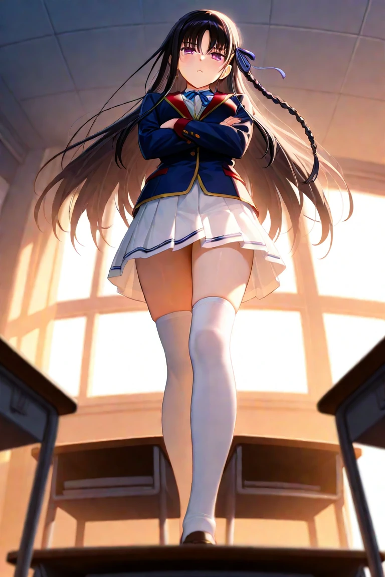 highest quality,masterpiece,8k,1girl,medium breasts,orgasm,blush, sweat,mini skirt,lift skirt,upskirt,white panties,Mizuki Yukikaze,hair ribbon, green shirt, serafuku, white neckerchief, long sleeves, pleated skirt, black skirt, black thighhighs,((jumping:1.1))