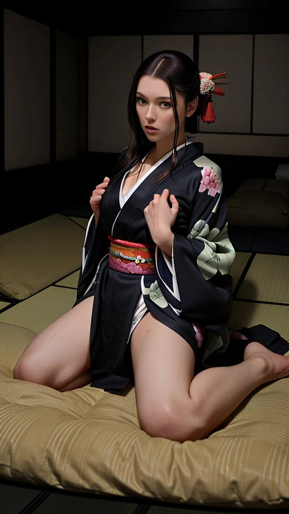 (masterpiece, Highest quality, Highest quality, Official Art, beautifully、aesthetic:1.2),One girl, tattoo, alone, kimono, hair ornaments, Pink Hair, 背中一面 tattoo, 綺麗なflowerのtattoo, Violet Eyes, Off the shoulder, Bare shoulders, Recall, From behind, flower, View your viewers, Holding, compensate, indoor, Pink cat ears, Plump Ass