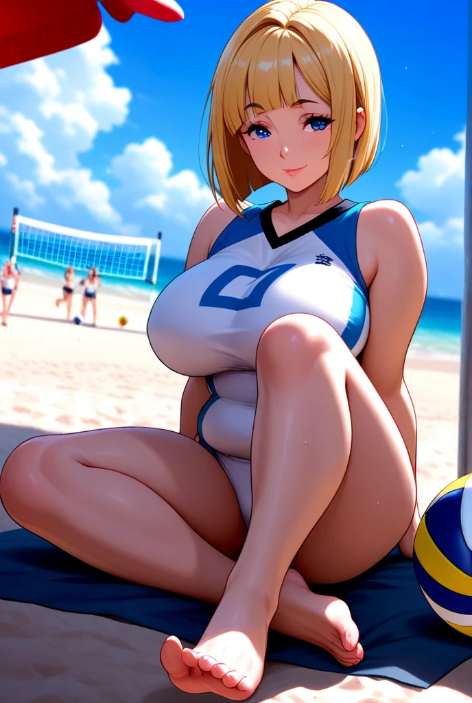 igawa,see through nipples,medium breasts,bouncing breasts,blonde hair,bobcut, purple eyes,(highres, high quality:1.1), intricate details, cinematic lighting, (wet gleaming skin:1.1), (sexy beach volleyball uniform),beach, sunlight, bright sky, blue sky,strong winds, god rays, light rays, ,(red blush,embarrassed),dynamic pose,