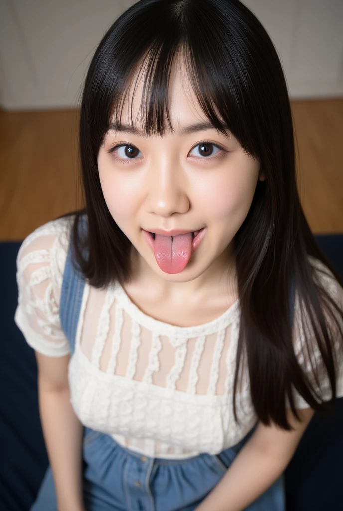 ollarbone,white t-shirt,off-shoulder look,bare shoulder,Denim mini skirt,open mouth,tongue out,cum on tongue,Sitting on a black sofa,looking ahead,from above,flont view,face focus,(1girl,Beautiful 14 year old girl),((Slender,Small breasts,Small face,)),looking at viewer,Black Hair,bangs,Straight Long,Beautiful and detailed,watery eyes,Dimly lit room,Simple Background,Gray background,Low lighting
