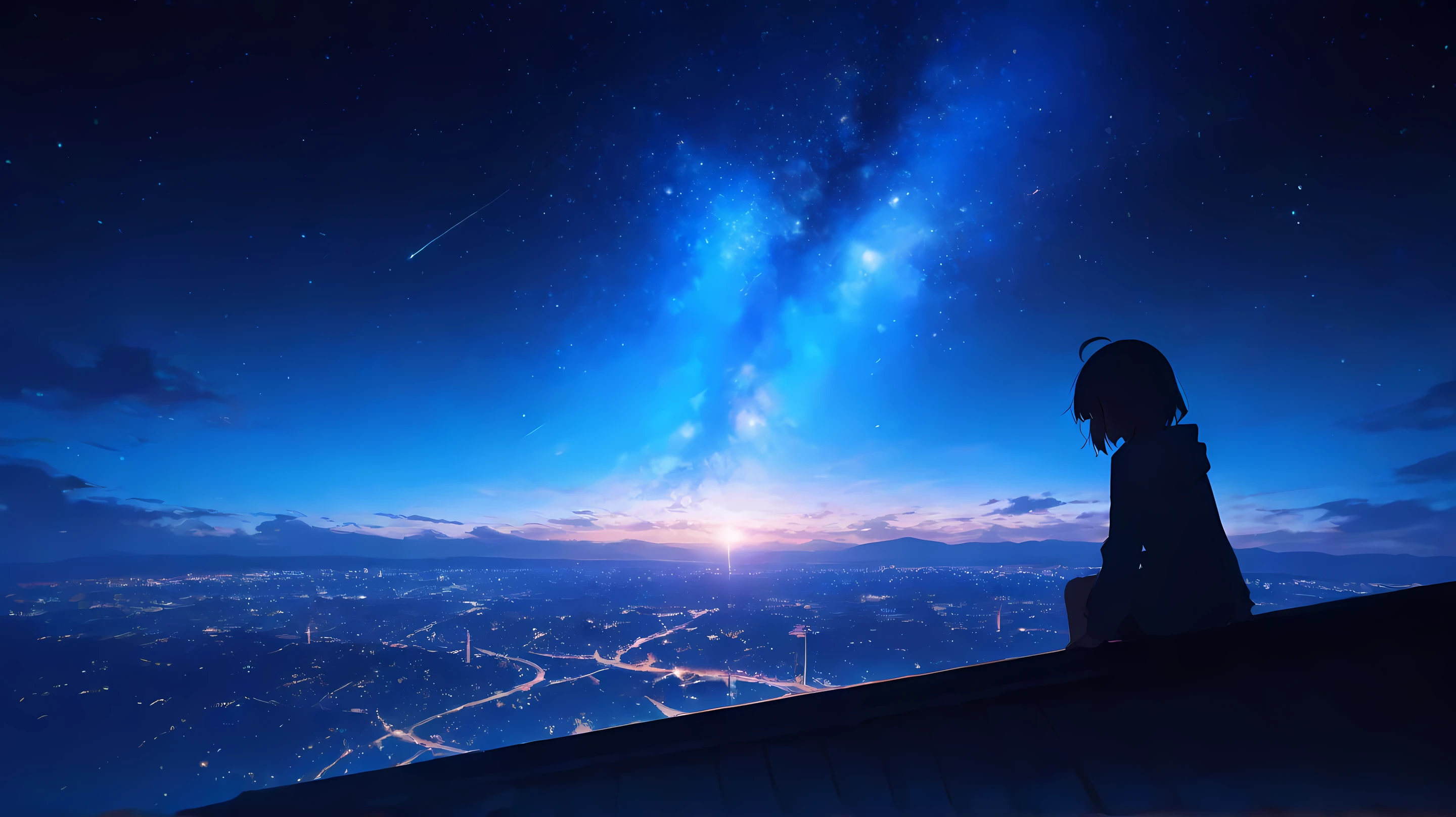 masterpiece,best quality,absurdres,very awa,highres,newest,year 2024,year 2023,rimukoro,shino \(yaruki nai yatsu\),lineart,kabu usagi,terada tera,
1girl,sitting,rooftop,cityscape,scenery,sky,space,star (sky),starry sky,solo,solo focus,