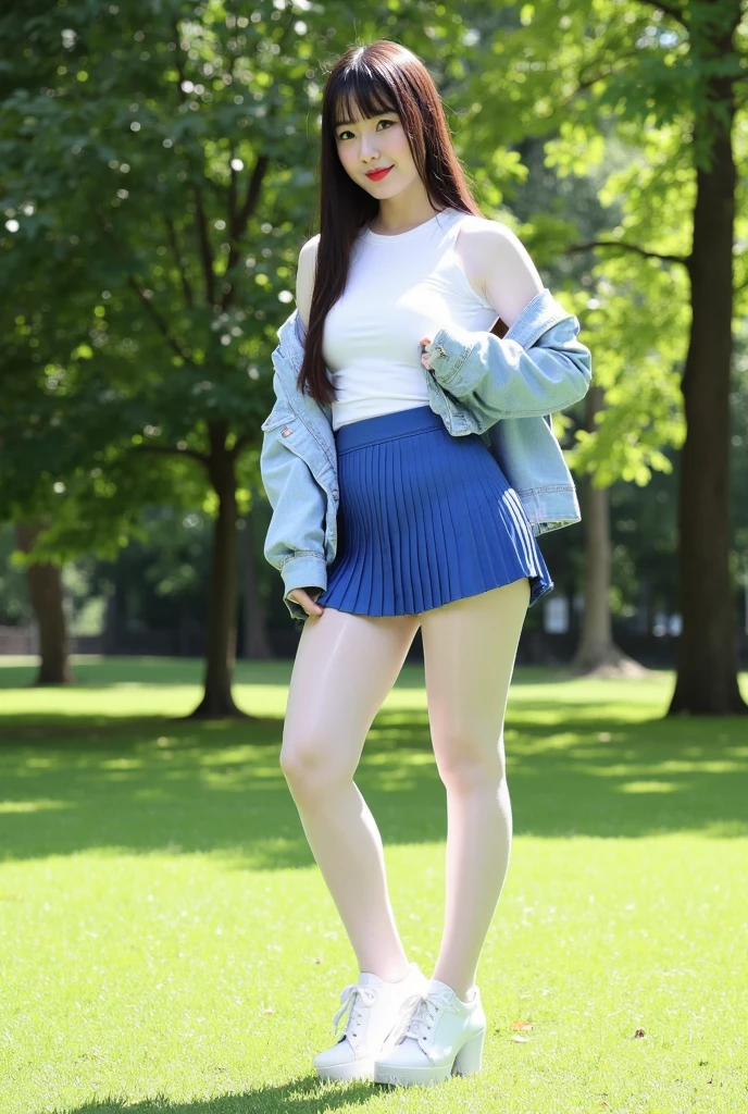 Beautiful Korean teenager, tight short sleeve top, large breasts, long hair, short skater skirt, masterpiece, full body, eyes closed, laying down on back,