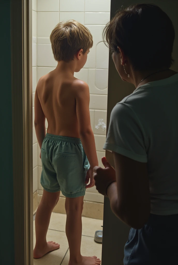 luxurious room, the demon has the body of a child and a shaved head, only wearing a diaper, walking hunched out of the cupboard, shaved head, the night is dark and very dark