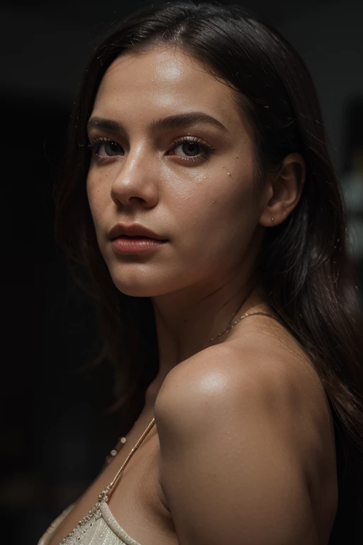 (((surreal))) photo, masterpiece, top quality, (pale skin), (Super detailed face and eyes:1.3), 1 girl, aldult, Wearing a black T-shirt, A necklace hangs from the chest, necklace cleavage, (eye makeup, black mascara) , ((Large, delicate lips)), ((dark curly hair)), ((Chiolca)) , (natural breasts), ((pose)), photo shooting, (Side light), (The game of light and shadow), depth of field, bokeh, (Special attention to skin details: 1.2), detailed leather texture, skin pores. (frame dark atmosphere. Color range - black, tangerine, Red, tune), Dlm grain), (Rays), ((glare)), ((portrait, close to camera)) , Super detailed,