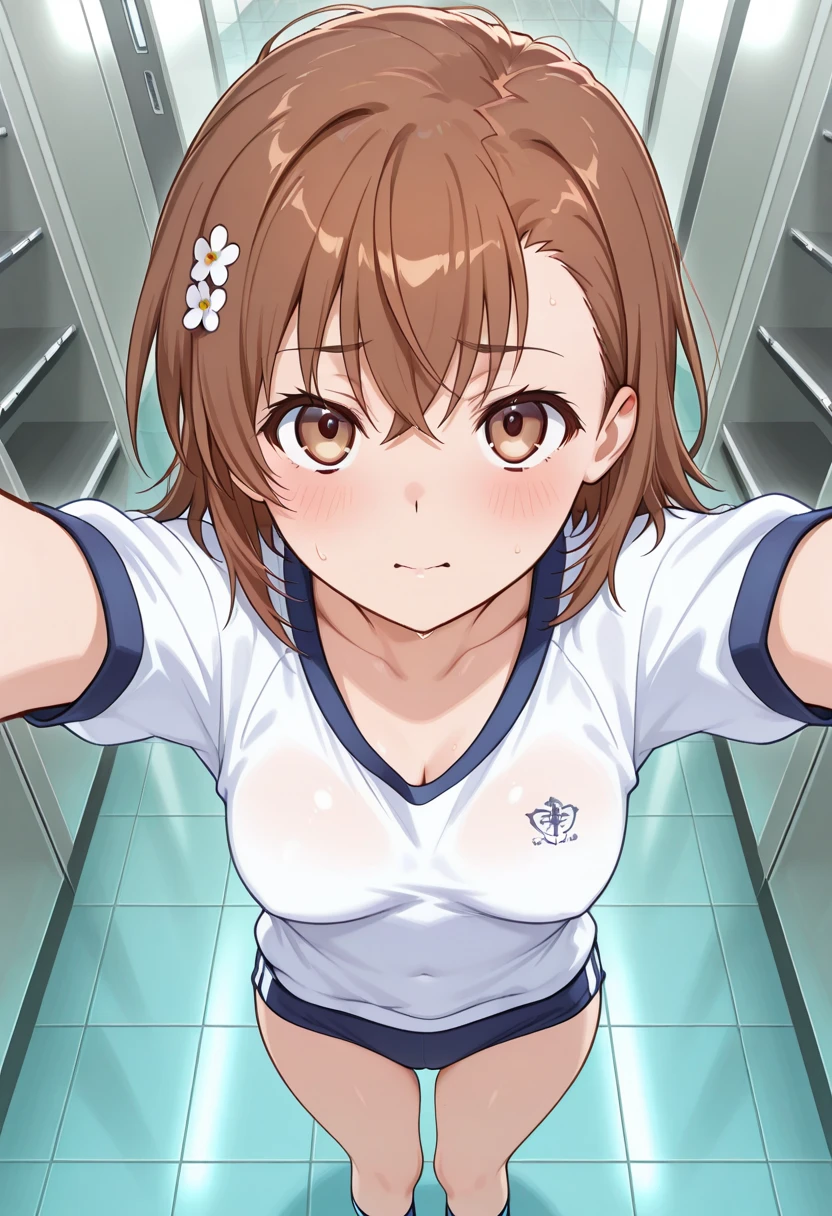 score_9, score_8_up, score_7_up, source_anime,
mikotomisaka, mikoto misaka, short hair, brown hair, hair ornament, hair flower, brown eyes,
white shirt, gym uniform, bare shoulders, sleeveless, gym shorts, white shorts, tokiwadai gym uniform, (armpit into viewer's face:1.5), armpit, arm up, presenting armpit, armpit focus, armpit fetish, looking at viewer, blush, in the center