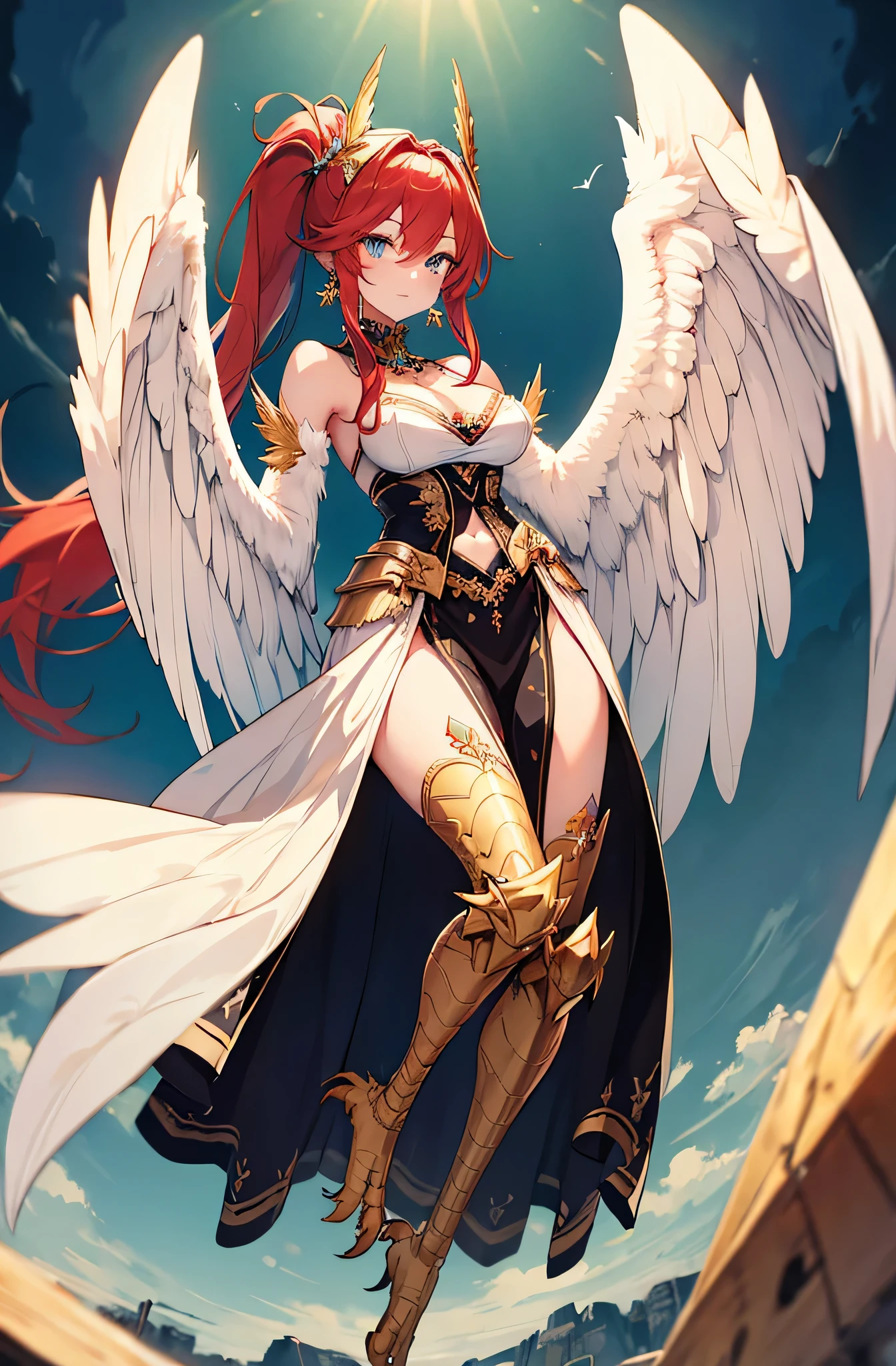 4K,High resolution,One Woman,Harpy,Red Hair,Long Ponytail,Braid,Blue Eyes,Big Breasts,White Wings,Golden toenails,Black Chinese dress,Sleeveless,hair band,Jewelry decoration,Medieval town
