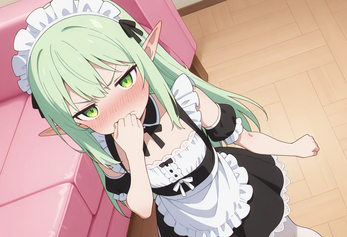 dark blue hair,,long hair,purple eyes,pointy ears,elf,tall,red dress suit,bondage,tied up,bound,tied wrist,tied legs,(((blindfold))),blush,wet,sweat,rope.collar,leash,on the bed,eager pet pose