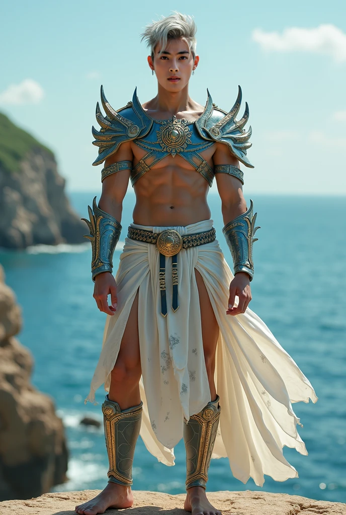 (photorealistic, masterpiece, detailed face, best quality, highres, 4k), Fantasy art style, A striking depiction of Aries the fiery ram featuring a ruggedly handsome male model with piercing eyes and a fierce aura. He stands atop a mountain peak, adorned in skimpy and sexy armor with flaming horns, symbolizing his passionate and determined nature , sexy , bare thighs , eroticism , nsfw , wide hips , wide pelvis
