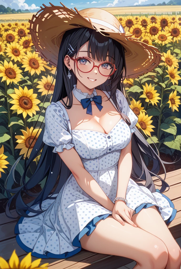Beautiful girl with glasses, Long black hair, Bouquet of sunflowers and red roses, Bright colors, smile, 8K quality, Focus of the film, close your eyes