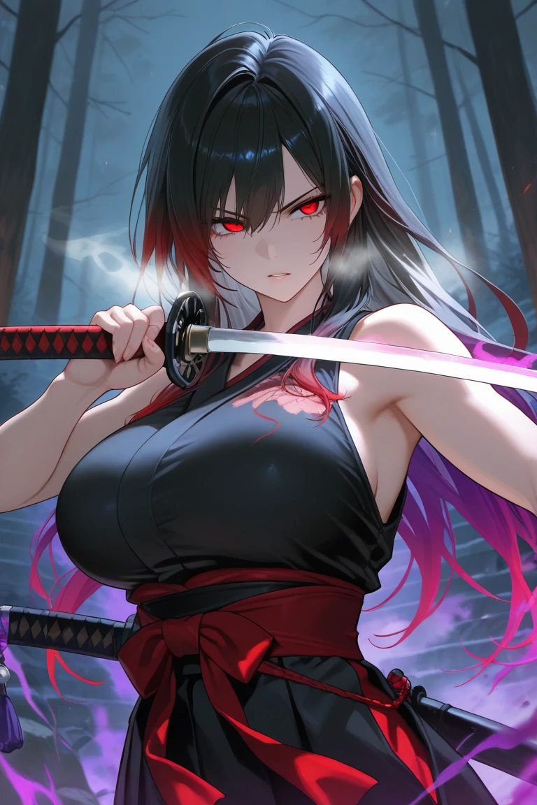 (best quality,photorealistic:1.37), an evil-looking sorceress of the blood of Qatar in a combat black kimono, with an evil smile, pulls a bloody thread from the blood, She causes red water from her hands. The action takes place behind a magnificent dark forest