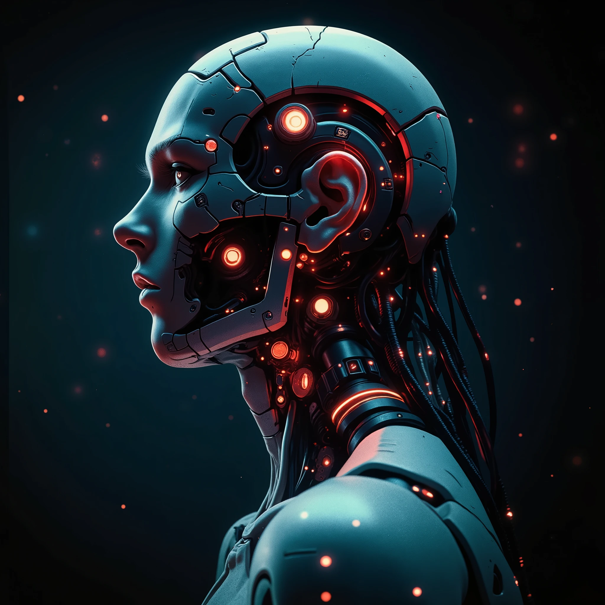 cyberpunk anime style, Aesthetic image of the film Ghost in by Shell, Perfect shot of a head, The head is on the side, of a 25-year-old boy with no hair on his head and without clothes, You can only see up to the shoulders, le salen three cables gruesos de detrás de la cabeza((three cables)) like in the Matrix movie and it is connected to a machine, Maximum detail detail in neon on the cables, detail of the cinematographic image, dark background