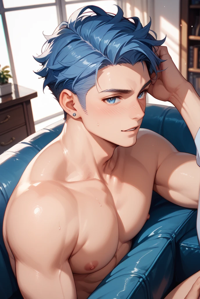 masterpiece, best quality, highres, ultra-detailed, 1boy, light blue hair, long hair, grey eyes, looking at the viewer, shiny lips, Flawless Skin, Smooth Skin, Male Focus, semi-realistic, topless male, large deltoid, narrow waist, toned abdomen, pink nipples, resting on a bamboo couch, veinless, poreless,<lora:flawlessHusbandoSkin:0.5>