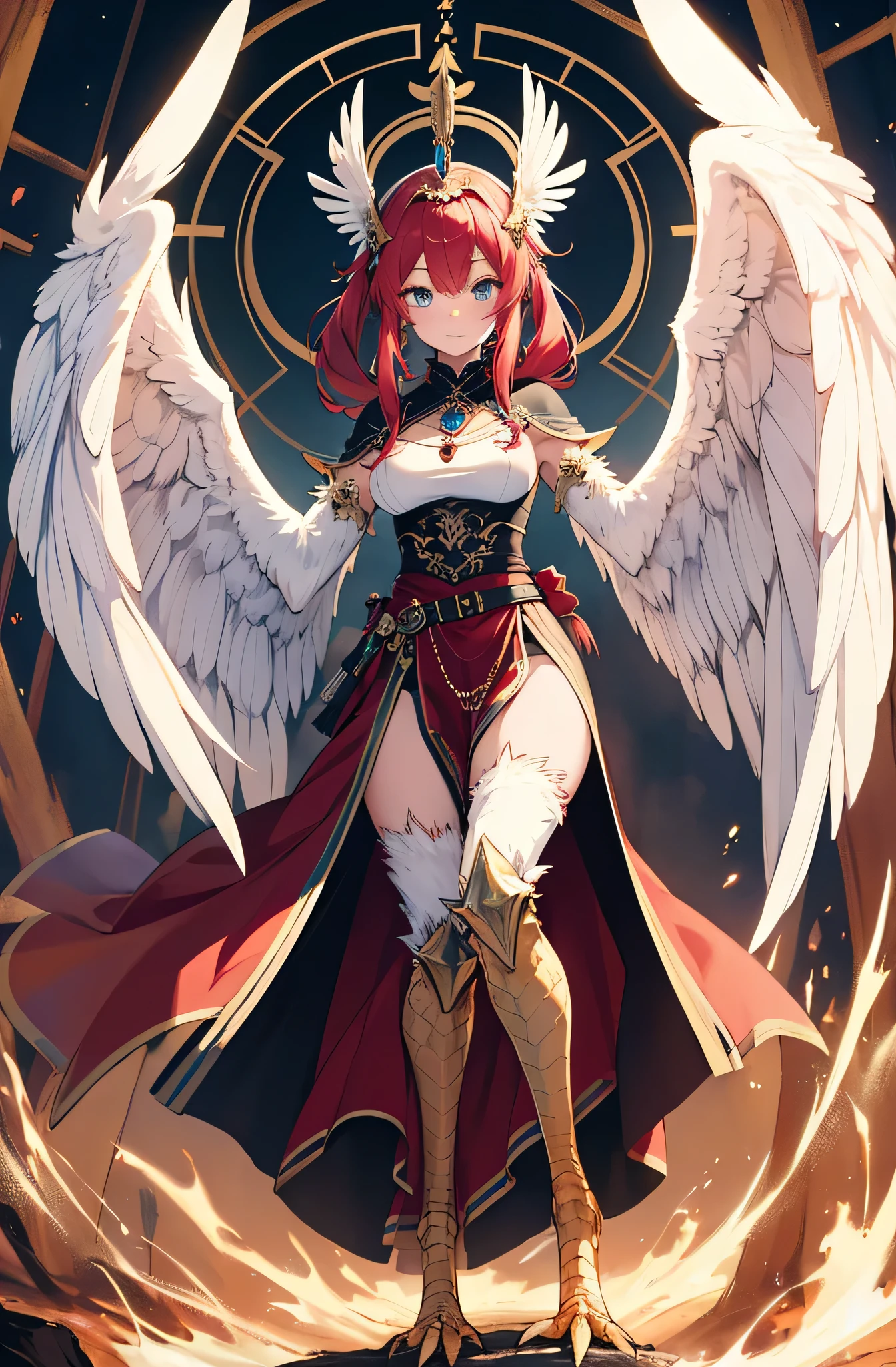 4K,hight resolution,One Woman,Harpy,Bright red hair,Long ponytail,Green eyes,Colossal tits,one white winged,golden toenails,arabian princess,white arabic dancer clothes,Princess tiara,Arabian palaces