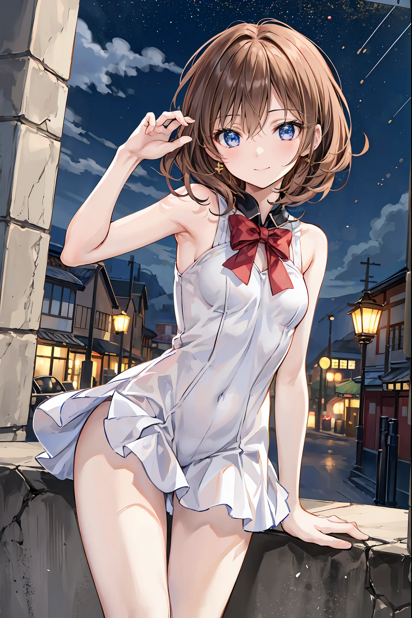 (masterpiece, best quality, 8k:1.2),Very detailed, (anime:1.1), misaka_mikoto, brown hair, medium hair, hairpin, medium breasts, 1girl, (China dress,Show off your thighs,smiling,city), dutch angle, looking at viewer,