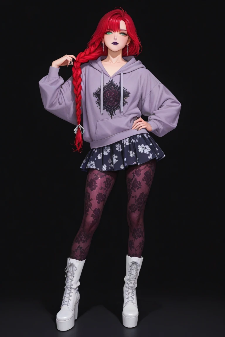 A 13 year old white emo girl in a purple and black dress,a red shorts,white hair and a yellow slipper