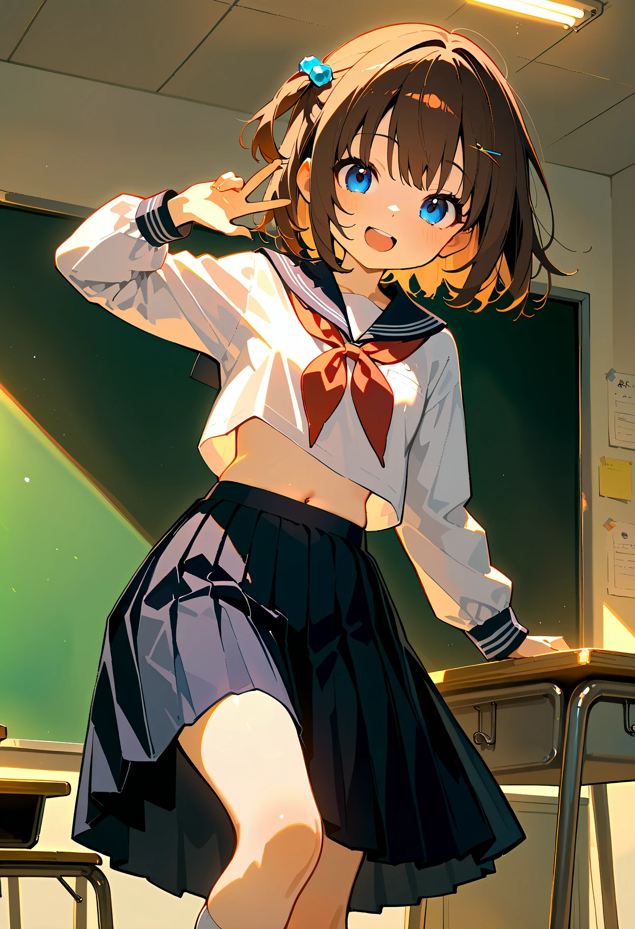 (top-quality、in 8K、32K、masterpiece、nffsw、super high resolution、Impresionismo、Photorealsitic:1.2)、Colossal tits、cowboy shot, detailed faces and eyes、 Inside the classroom、Schools、Evening glow、beauitful face、blurry backround、16-year-old beautiful girl、shinny skin、half updo、beautiful hair of light brown color、Blunt bangrown eyes、a sailor suit、Pleated miniskirt、Curve、(Lifting skirt、I can see panties:1.2)、thighs thighs thighs thighs、(Navel Ejection:0.4)、dynamicposes