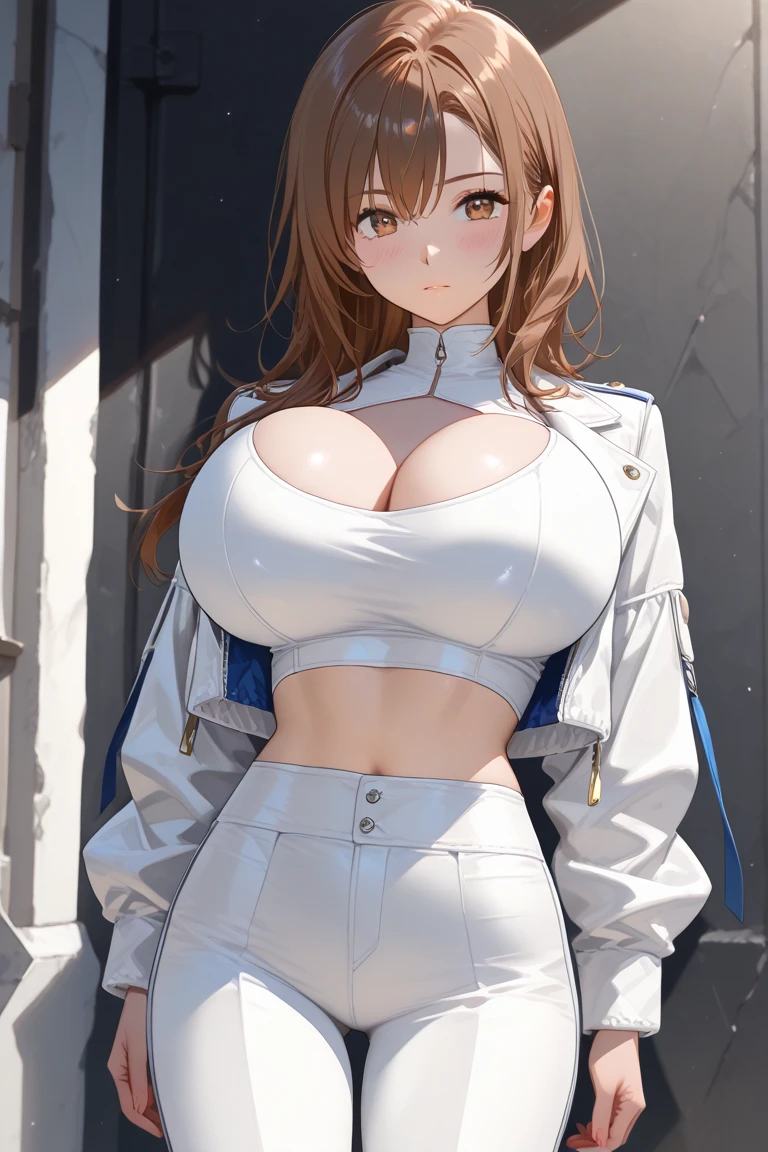 (masterpiece, best quality:1.2), solo, 1girl, takebadef, smile, looking at viewer, black shirt, white tank top, blouse, , collarbone, denim, denim shorts, jacket, long sleeves, ((open clothes)), open jacket, partially unzipped, blue jacket, shirt, short shorts, shorts, tank top, track jacket, unzipped, ((large breasts,ps, tight clothes, cleavage, lookie viewer)), (abs:0.8), BLUSHED, UNDERBOOB (realistic:1.2), (realism), (masterpiece:1.2), (best quality), (ultra detailed), (8k, 4k, intricate),(85mm),light particles, lighting, (highly detailed:1.2),(detailed face:1.2), (gradients), colorful,(detailed eyes:1.2),(detailed background),detailed landscape, (dynamic angle:1.2), (rule of third_composition:1.3), (Line of action:1.2)